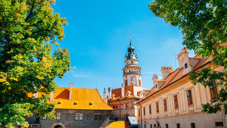 Castle Tower and old buildings in Cesky Krumlov, Czech Republicのeditorial素材