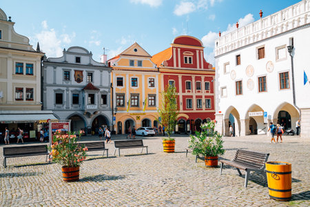 Cesky Krumlov, Czech Republic - August 28, 2016: Namesti Svornosti old town main squareのeditorial素材