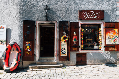 Cesky Krumlov, Czech - August 28, 2016: Souvenir shop, wooden toy storeのeditorial素材