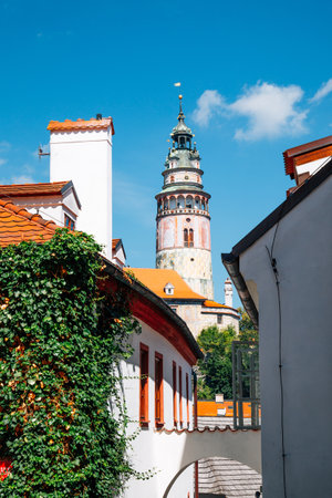 Cesky Krumlov castle tower and medieval old town in Czech Republicのeditorial素材