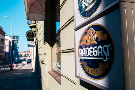 Prague, Czech - August 27, 2016 : Radegast Birell beer signのeditorial素材