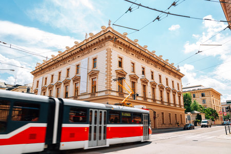 Brno, Czech Republic - June 21, 2019: Brno Philharmonic hall and tramのeditorial素材