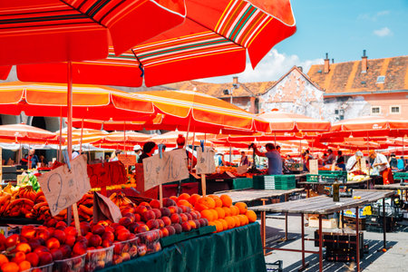 Zagreb, Croatia - July 3, 2019: Dolac Market, fruits and vegetables storesのeditorial素材