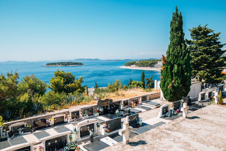 Primosten, Croatia - July 6, 2019: Saint George church and adriatic sea at summer