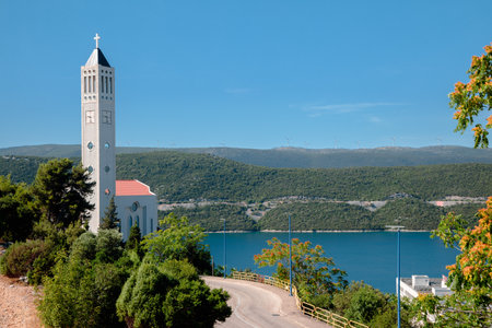 View of adriatic sea and seaside village from Bosnia and Herzegovina to Croatiaのeditorial素材