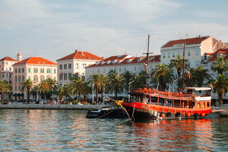 Split, Croatia - July 7, 2019 : Adriatic sea and Riva streetのeditorial素材