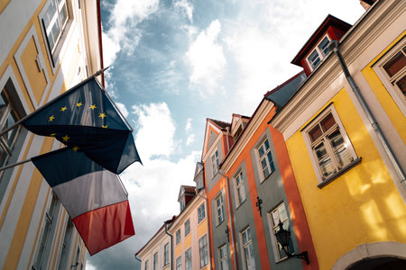 Tallinn upper town street with European Union flag and France national flag in Estoniaのeditorial素材