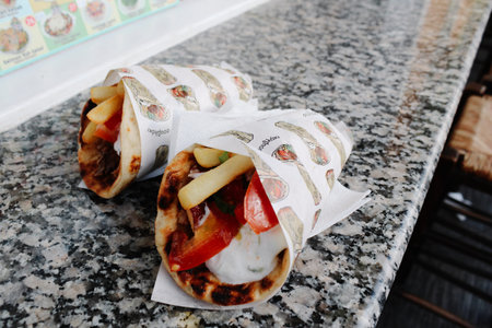 Santorini, Greece - July 20, 2013 : Greece traditional food Greek Gyros Pitaのeditorial素材