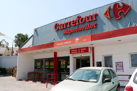 Santorini, Greece - July 20, 2013: Big supermarket Carrefourのeditorial素材