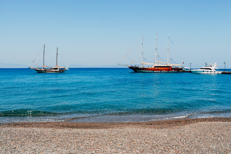 Kos island beach and ship in Greeceのeditorial素材