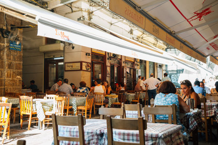 Athens, Greece - August 5, 2019 : Restaurants street near Monastiraki squareのeditorial素材