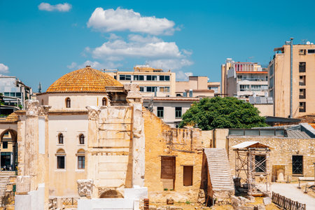 Tzistarakis Mosque and Hadrian's Library ancient ruins in Athens, Greeceのeditorial素材