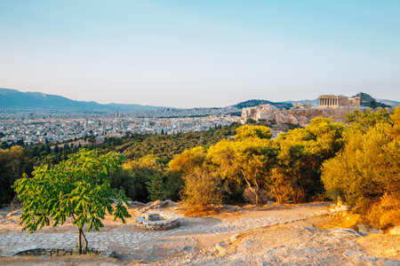 Acropolis ancient ruins from Filopappou Hill in Athens, Greeceのeditorial素材