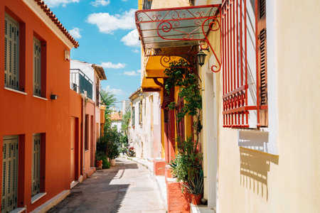 Plaka district colorful street in Athens, Greeceのeditorial素材