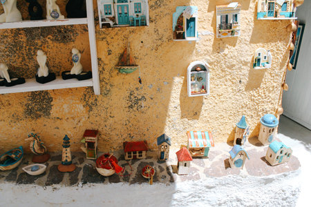 Santorini island, Greece - July 21, 2013: Souvenir shop ornament at Pyrgos townのeditorial素材