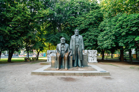 Berlin, Germany - June 7, 2019 : Karl Marx and Friedrich Engels statue at Marx-Engels-Forum public parkのeditorial素材