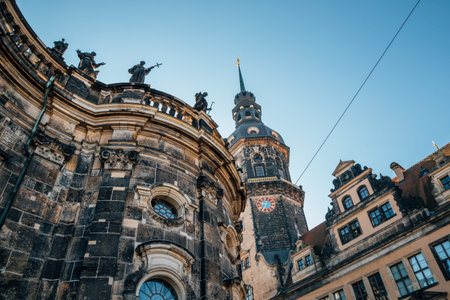 Hausmannsturm tower and Dresden Cathedral Katholische Hofkirche church in Dresden, Germanyのeditorial素材