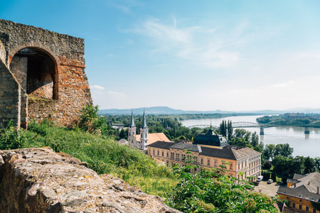 Esztergom city and Danube river panorama view in Hungaryのeditorial素材