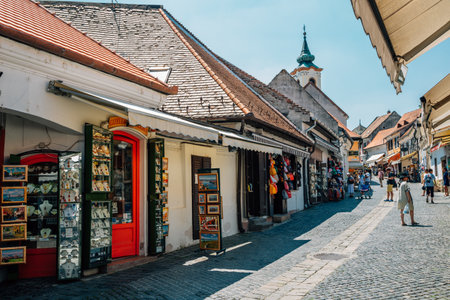 Szentendre, Hungary - June 26, 2019: Medieval old town shopping streetのeditorial素材