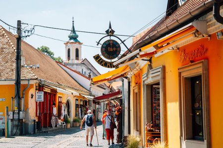 Szentendre, Hungary - June 26, 2019: Medieval old town shopping street