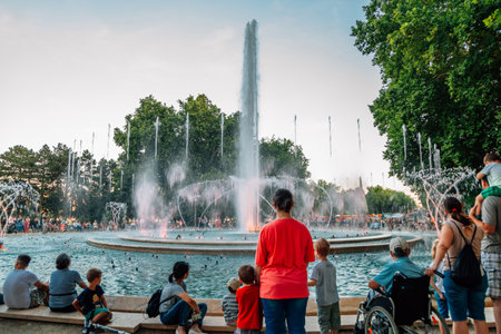 Budapest, Hungary - June 29, 2019: Margaret Island Musical Fountain with crowdのeditorial素材