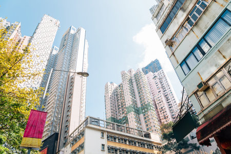 Modern apartment and old buildings low angle view in Soho, Hong Kongのeditorial素材