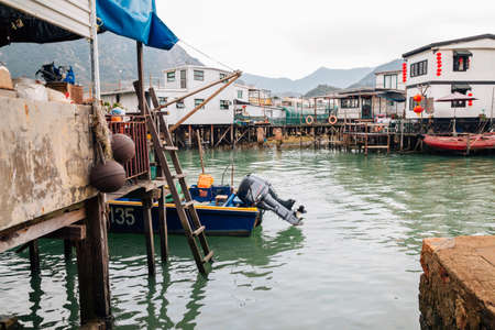 Tai o fishing village, Old floating house and sea in HongKongのeditorial素材