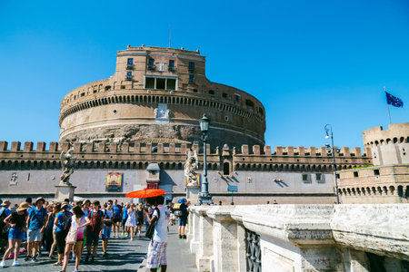 Rome, Italy - August 10, 2016: Castel Sant'Angelo old architecture with people and bridgeのeditorial素材