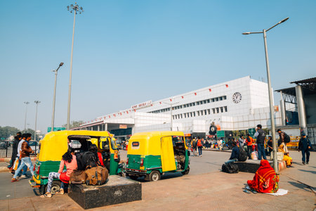 Delhi, India - November 25, 2017 : New Delhi railway station and waiting rickshawsのeditorial素材