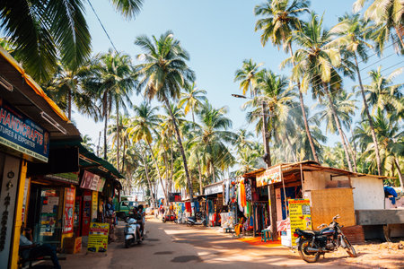 Goa, India - December 23, 2017 : Old market street with palm trees at Palolem beachのeditorial素材