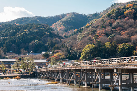 Arashiyama autumn maple and Togetsukyo bridge in Kyoto, Japanのeditorial素材