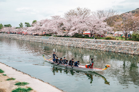 Kyoto, Japan - April 3, 2016 : Uji river with cherry blossomsのeditorial素材