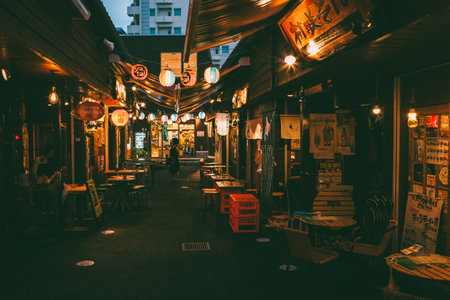 Okinawa, Japan - June 13, 2016 : Night view of Japanese food stalls 'Yatai' street