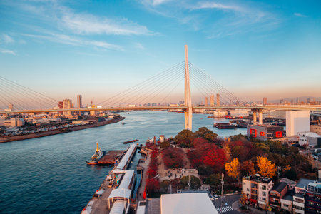 Osaka port and cityscape from Tempozan ferris wheel in Japanのeditorial素材