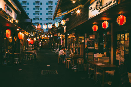 Okinawa, Japan - June 13, 2016 : Night view of Japanese food stalls 'Yatai' streetのeditorial素材