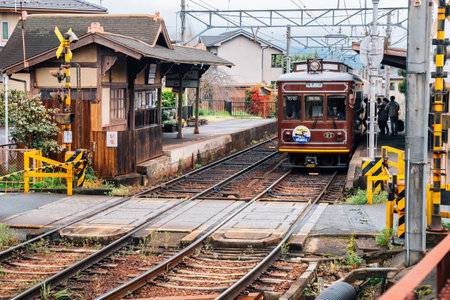 Kyoto, Japan - April 4, 2016 : Kyoto local train Randen Tram at Omuro-Ninnaji Stationのeditorial素材