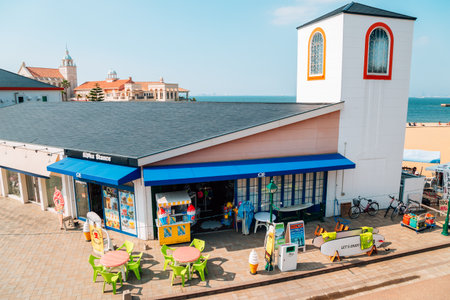 Fukuoka, Japan - June 9, 2017 : Restaurant and shop in Momochi beachのeditorial素材