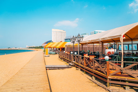 Seaside restaurant and Momochi beach in Fukuoka, Japanのeditorial素材