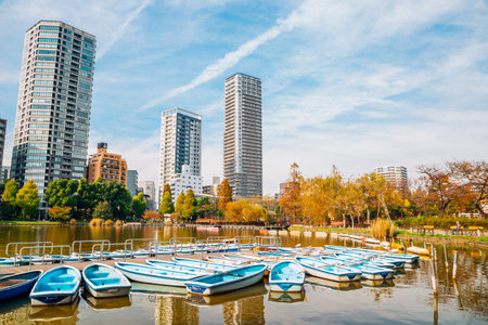 Ueno park Shinobazu pond and autumn maple street in Tokyo, Japanのeditorial素材