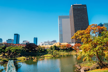 Japanese traditional garden Kyu Shiba Rikyu Garden at autumn in Tokyo, Japanのeditorial素材