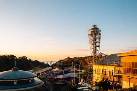 Enoshima island lighthouse and sunset view in kanagawa, Japanのeditorial素材