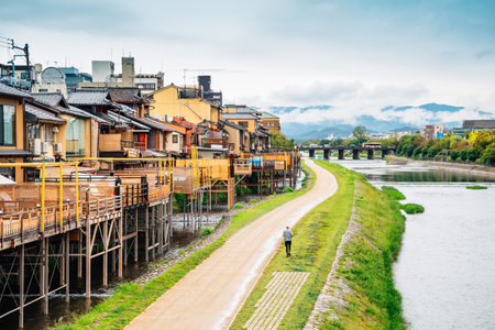 Pontocho old restaurant and Kamo river in Kyoto, Japanのeditorial素材