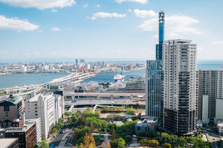 Kobe harbor and cityscape from Kobe city hall observation deck in Japanのeditorial素材