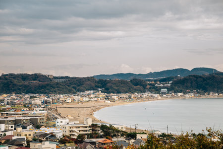 Yuigahama beach and seaside village from Hasedera temple in Kamakura, Japanのeditorial素材