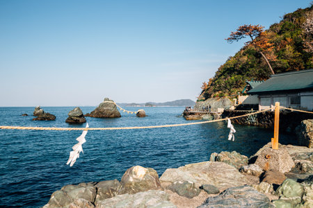 Meoto Iwa Rocks and blue sea in Ise, Mie, Japanのeditorial素材