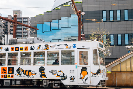 Okayama, Japan - April 15, 2019 : Tram on a streetのeditorial素材