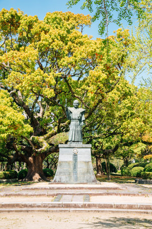 Tokushima, Shikoku, Japan - April 18, 2019 : Statue of Hachisuka Iemasa at Tokushima Central Parkのeditorial素材