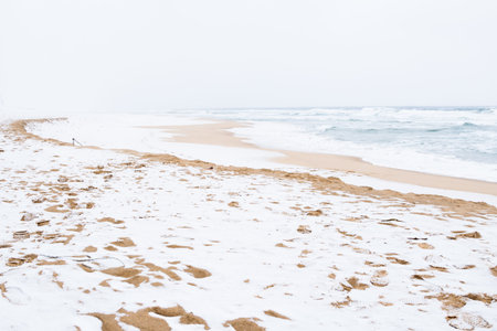 Jumunjin beach with snow at winter in Gangneung, Gangwon-do, Koreaのeditorial素材