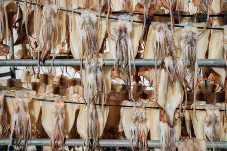 Dried squid hang on the line at Mukho port in Donghae, Koreaのeditorial素材