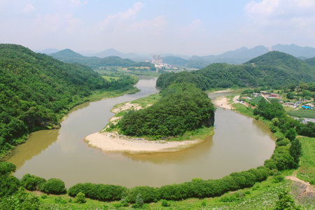 Korean Peninsula-shaped Cliffs (Hanbando Wetland) and river at Seonam Village in Yeongwol, Gangwon-do, Koreaのeditorial素材